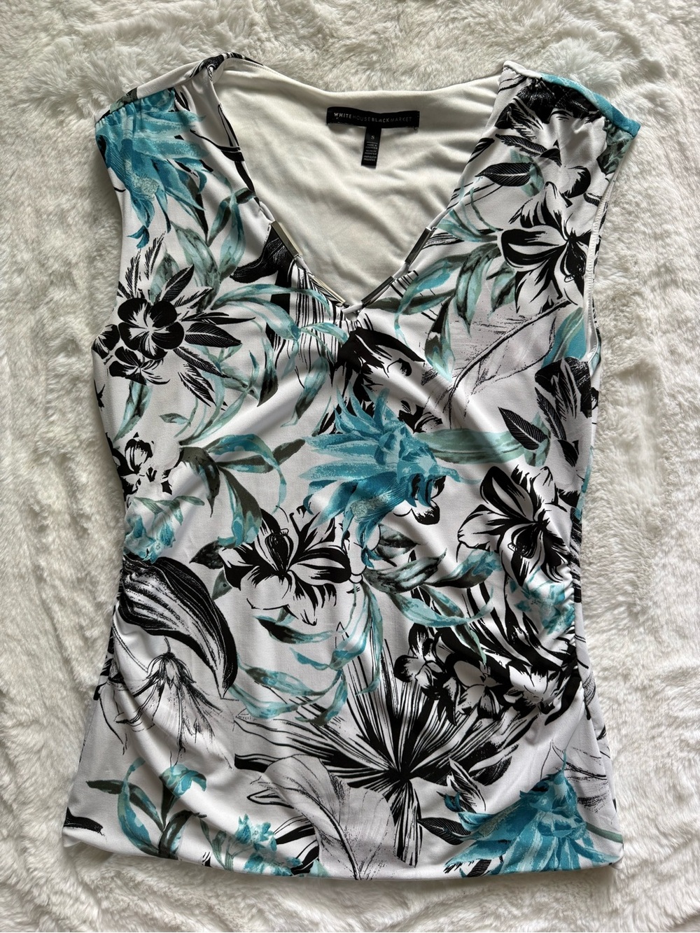 White House Black Market Blue/White Floral V-Neck Silver Accent Tank
